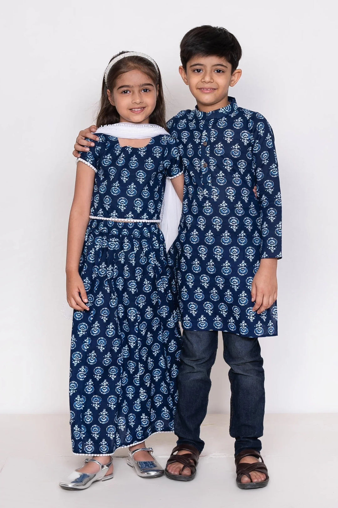 Navy Indigo Block Printed Matching Outfit for Brother and Sister