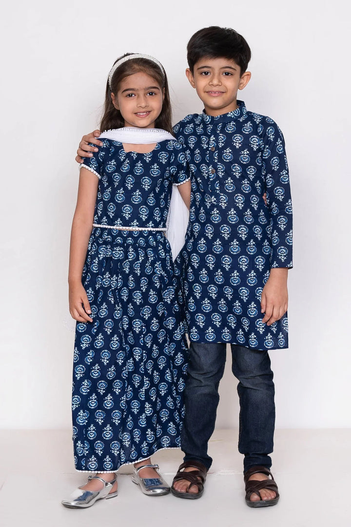 Navy Indigo Block Printed Matching Outfit for Brother and Sister