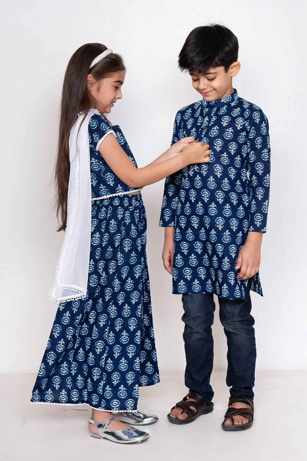 Navy Indigo Block Printed Matching Outfit for Brother and Sister