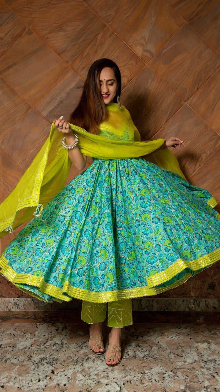 DHARA GREEN HAND BLOCK PURE COTTON ANARKALI SET - Pomcha Jaipur