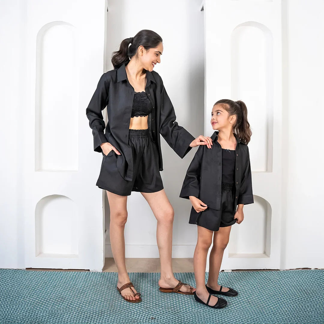 Black Cotton Collar Neck Matching Outfits for Mom and Daughter - Shorts with Shirt Co-ord Set