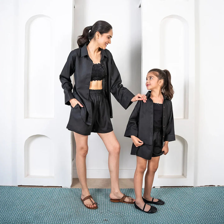 Black Cotton Collar Neck Matching Outfits for Mom and Daughter - Shorts with Shirt Co-ord Set