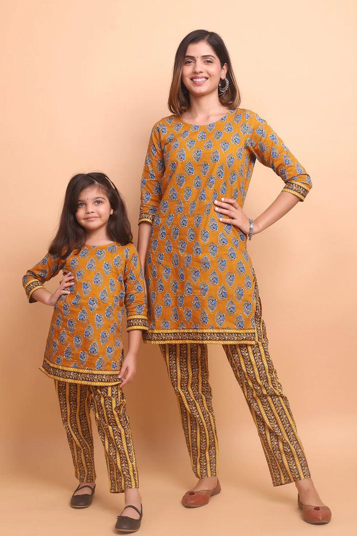 Mustard And Blue Printed Kurti Mom and Daughter Twin Set