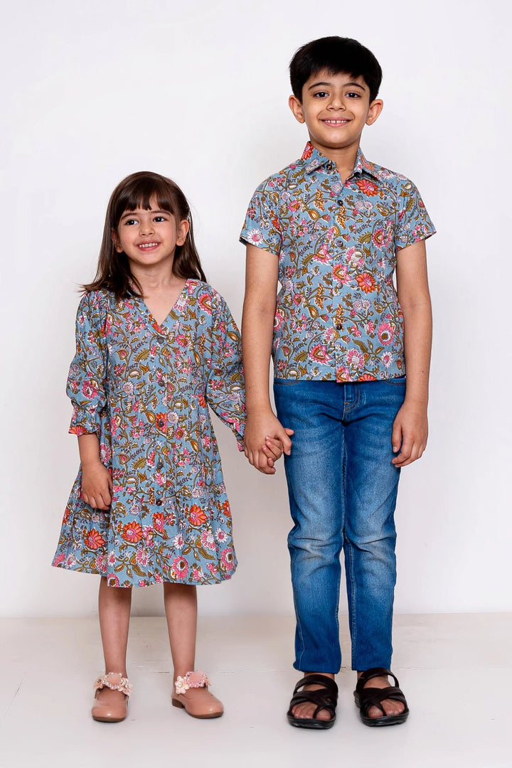 Grey floral Printed Matching Dress & Shirt For Brother and Sister