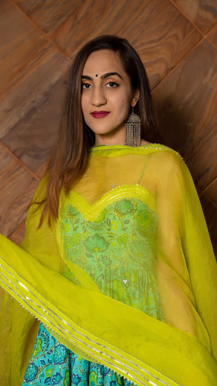 DHARA GREEN HAND BLOCK PURE COTTON ANARKALI SET - Pomcha Jaipur