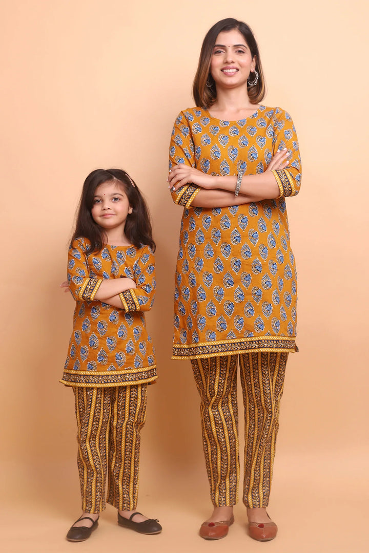 Mustard And Blue Printed Kurti Mom and Daughter Twin Set