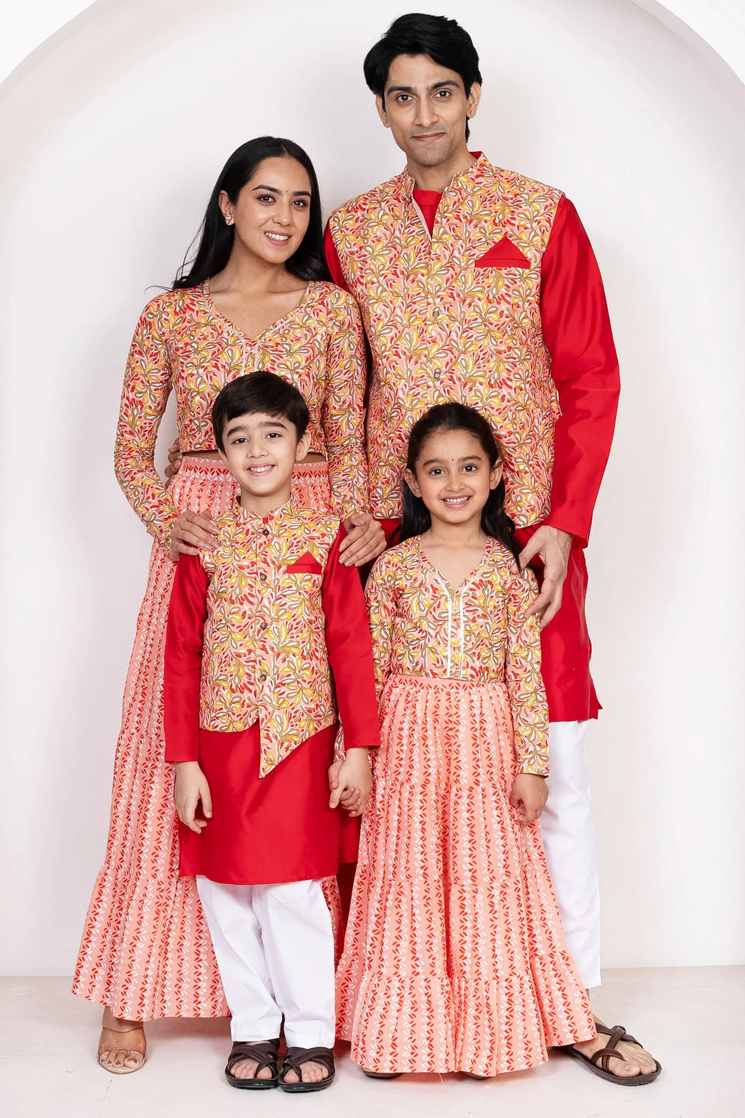 Red With Peach Floral Printed Lehenga Crop Top and Dupatta With Matching Kurta Pyjama