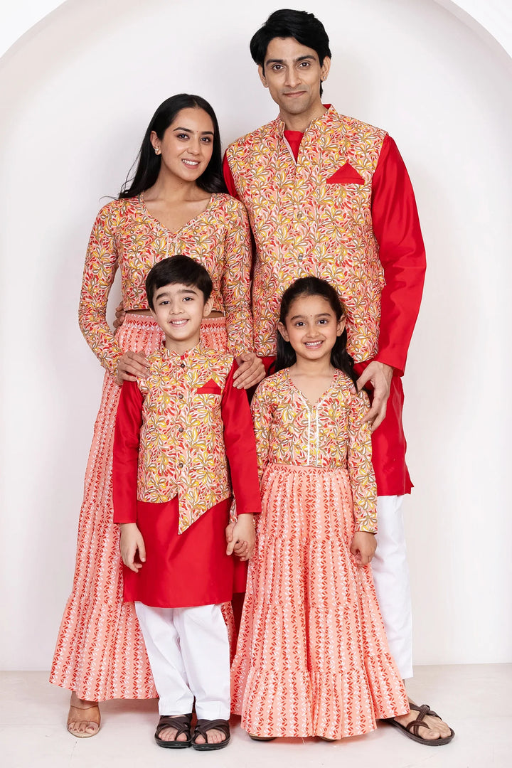 Red With Peach Floral Printed Lehenga Crop Top and Dupatta With Matching Kurta Pyjama