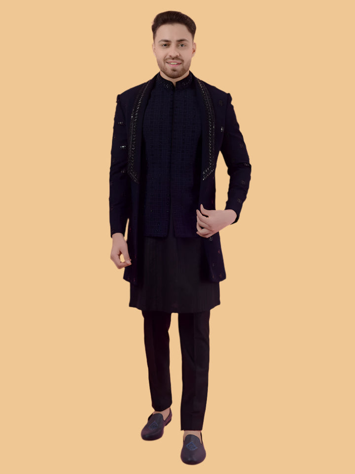 Stylish navy blue Indo Western kurta for sangeet, full sleeve design