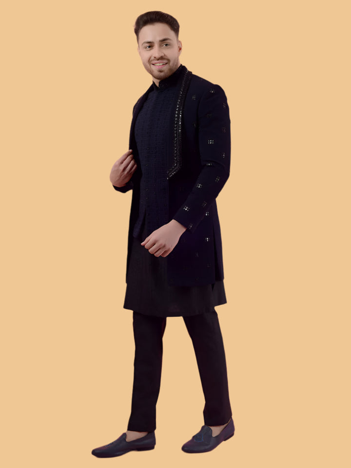 Men’s navy blue Indo Western for sangeet, with exquisite embroidery