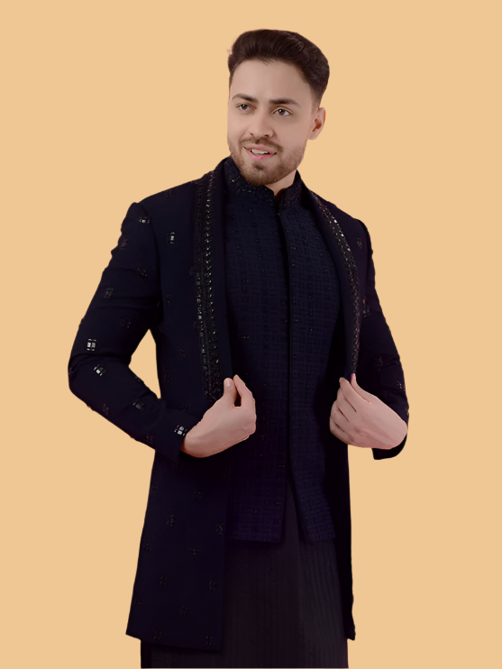Navy Blue Sun Silk Indo Western | Sangeet Wear for Men