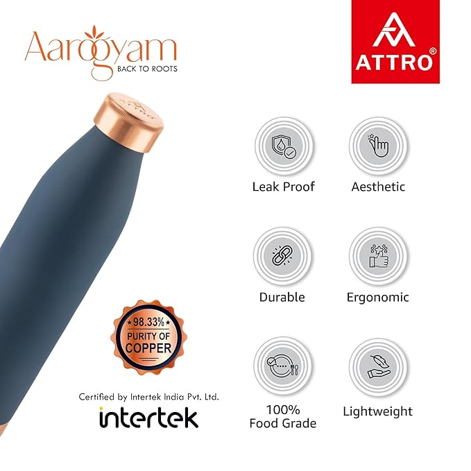 Attro 1000ml Copper Bottle | Matte Finish, Authentic Ayurveda Benefits