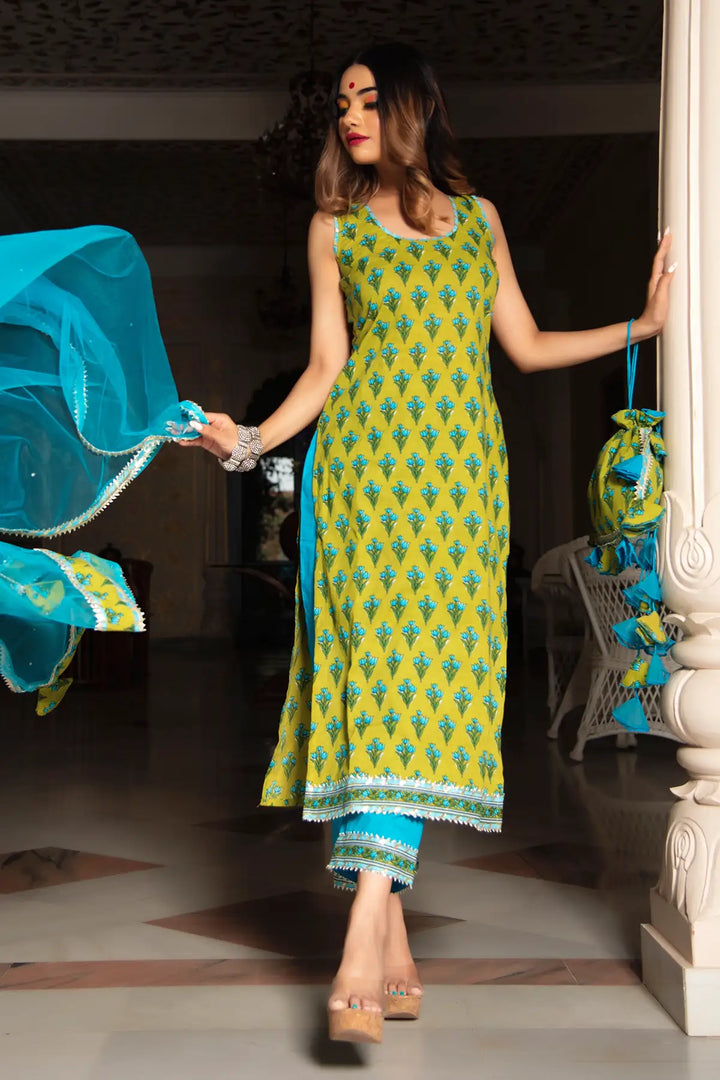 Gulzar Lime & Sky Blue Hand Block Cotton Kurta Suit Set | Organza Dupatta