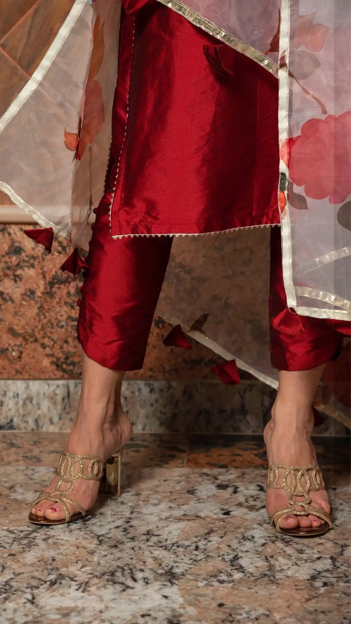 Maroon phool taffeta silk suit | with digital print organza dupatta set signature design