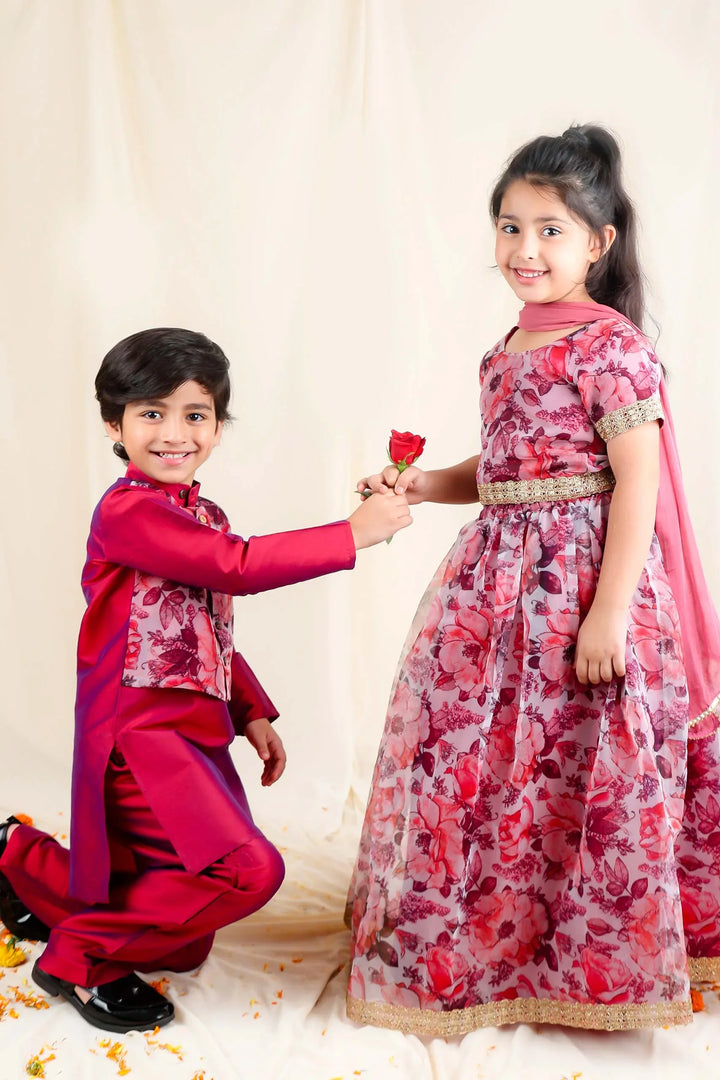 Maroon Floral Organza Matching Lehenga Choli and Kurta Pajama for Brother and Sister