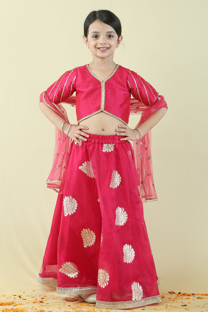 Fuchsia Pink and Golden Brocade Lehenga Choli Mom and Daughter Twin Set
