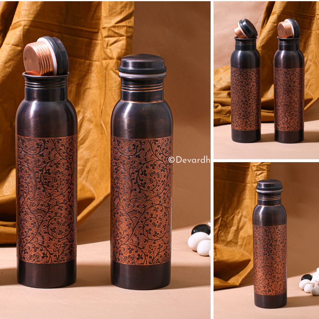 Antique Embossed Copper Hydration Vessel | Eco-Friendly Water Bottle
