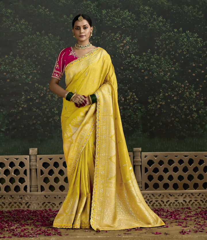 Traditional Yellow Dola Silk Embroidered Saree for Haldi Wear