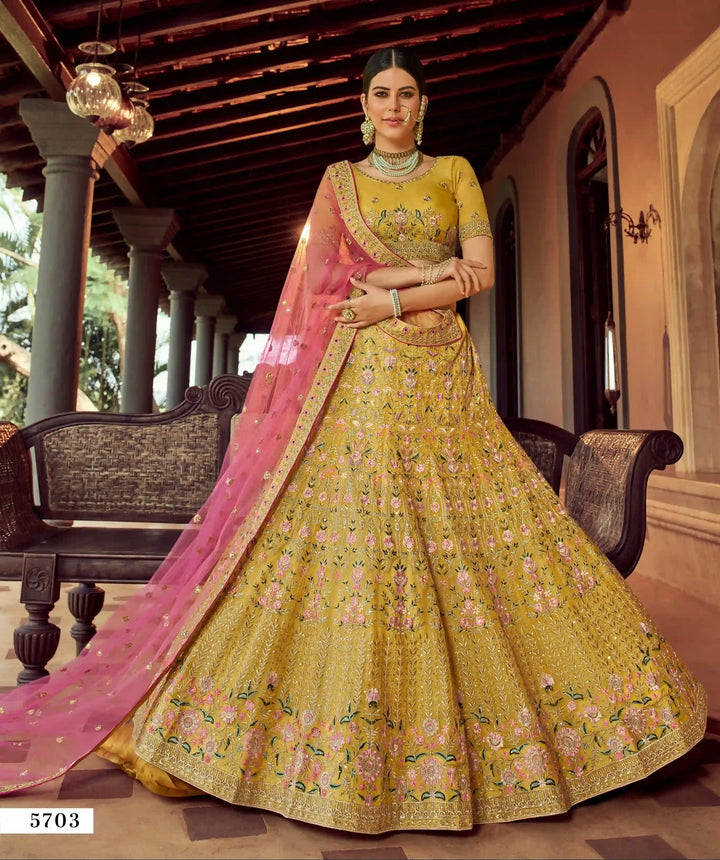 Mustard Organza Lehenga | Resham & Zari Work
