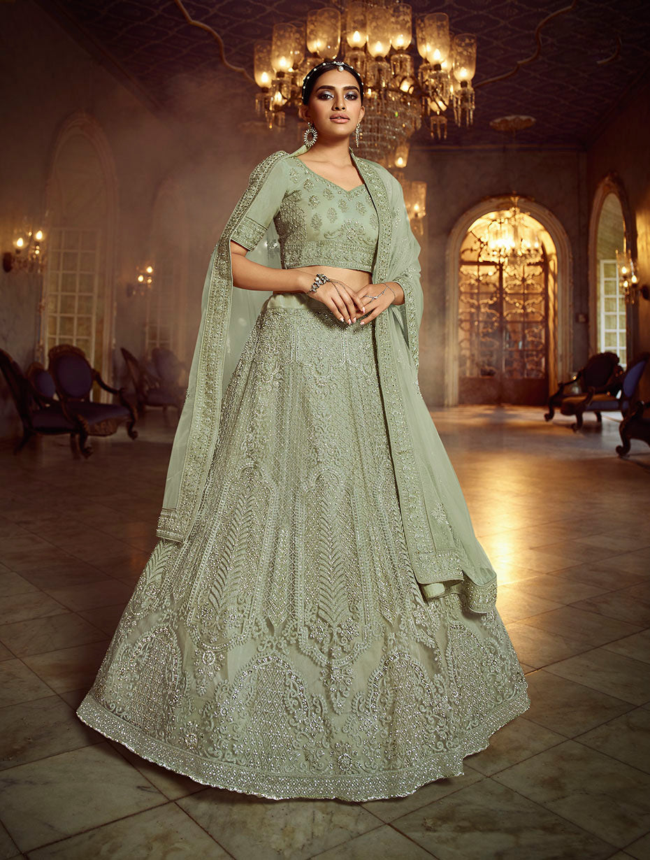 Pista Green Soft Net Lehenga with Dori and Zarkan Work | Elegant Wear