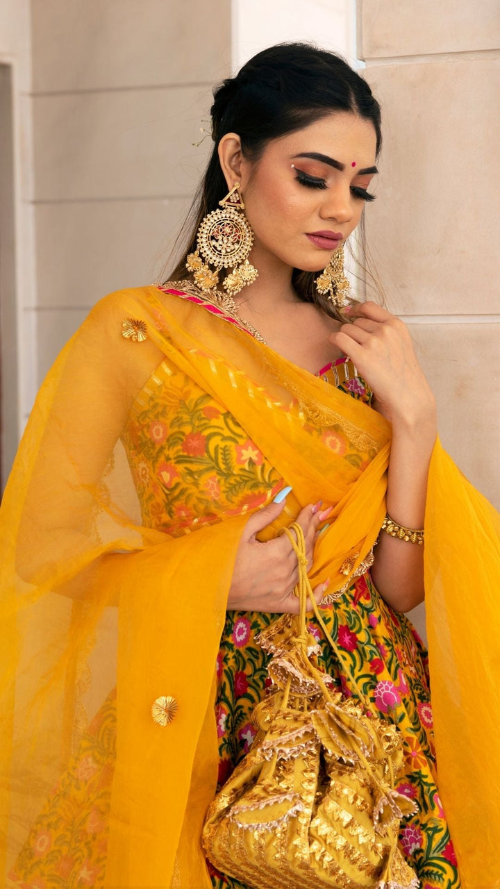 HALDI YELLOW HAND BLOCK PRINT LEHENGA SET - Pomcha Jaipur