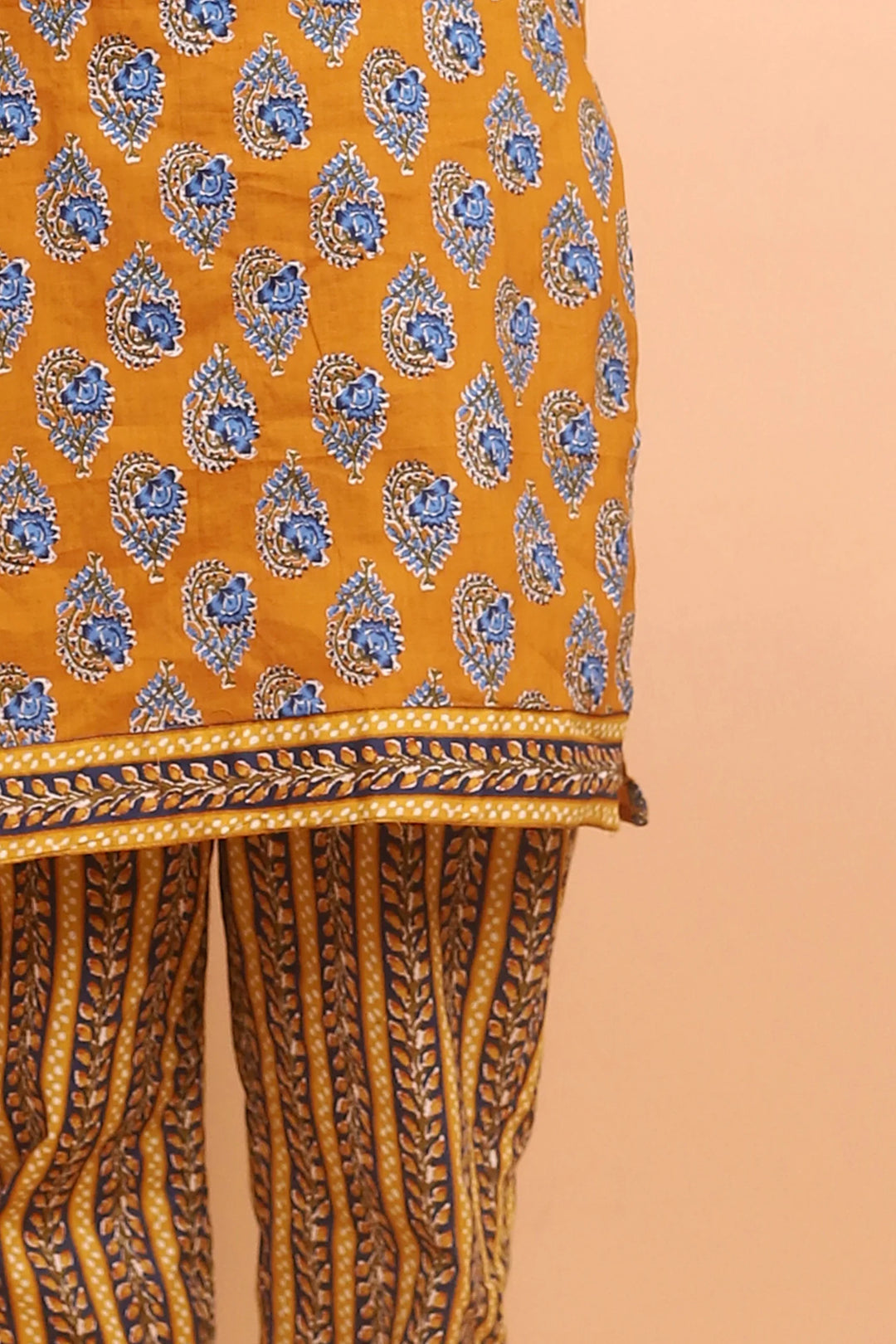 Mustard And Blue Printed Kurti Mom and Daughter Twin Set