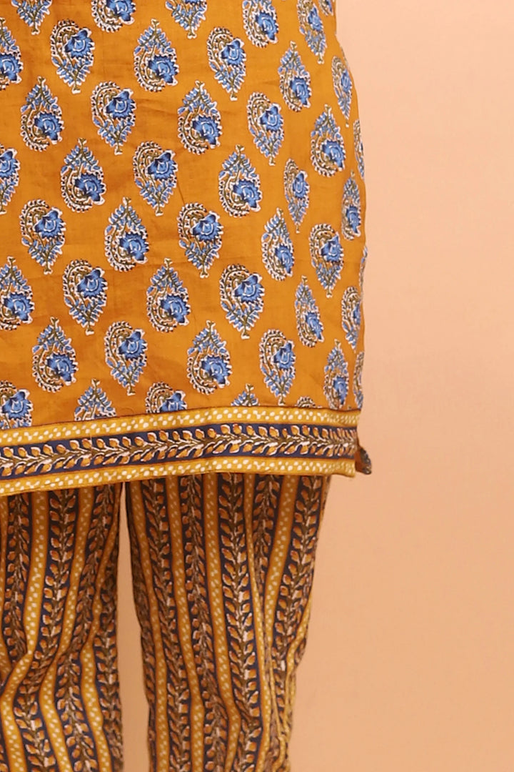 Mustard And Blue Printed Kurti Mom and Daughter Twin Set