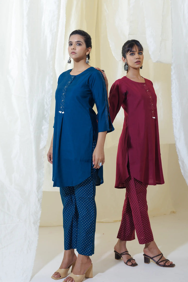 Kurtis Set in burgundy | Perfect foil printed polka dots work linening work with