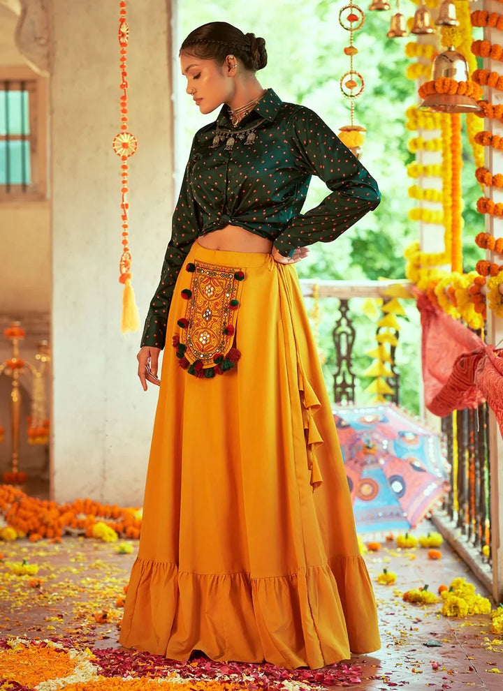 Stylish Green & Mustard Skirt and Top Set | Elegant Printed and Embroidery Work