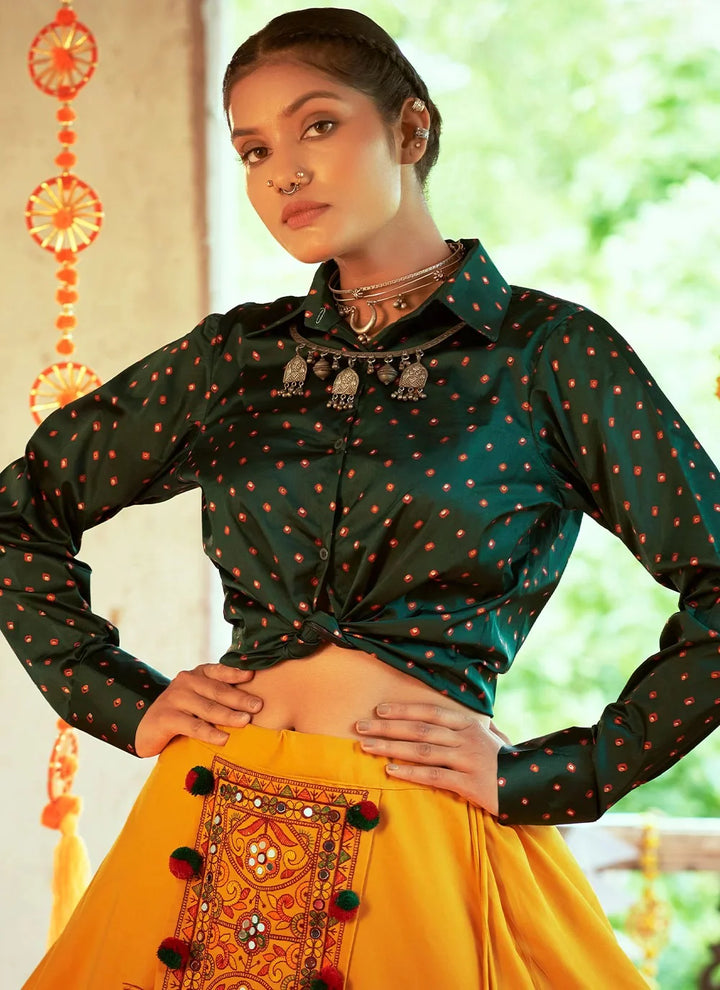 Stylish Green & Mustard Skirt and Top Set | Elegant Printed and Embroidery Work