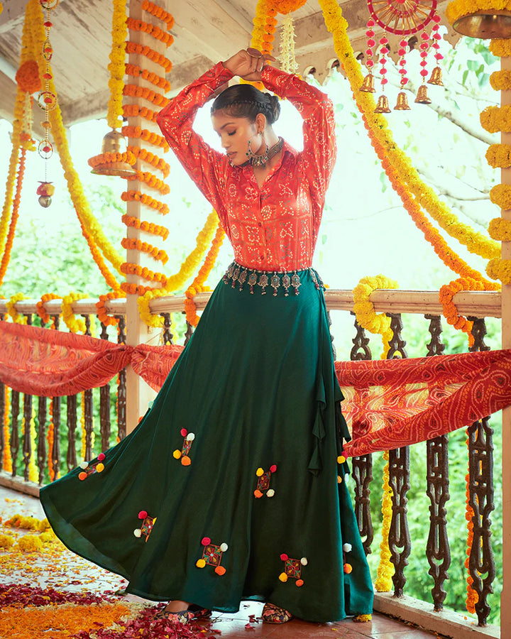 Stylish Tomato & Green Skirt and Top Set | Elegant Printed and Embroidery Work