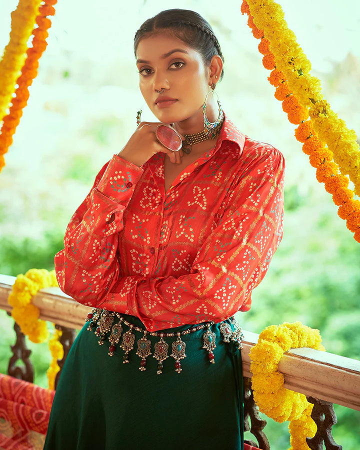 Stylish Tomato & Green Skirt and Top Set | Elegant Printed and Embroidery Work