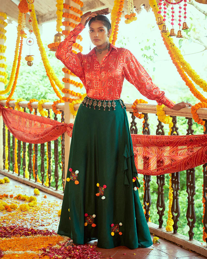 Stylish Tomato & Green Skirt and Top Set | Elegant Printed and Embroidery Work