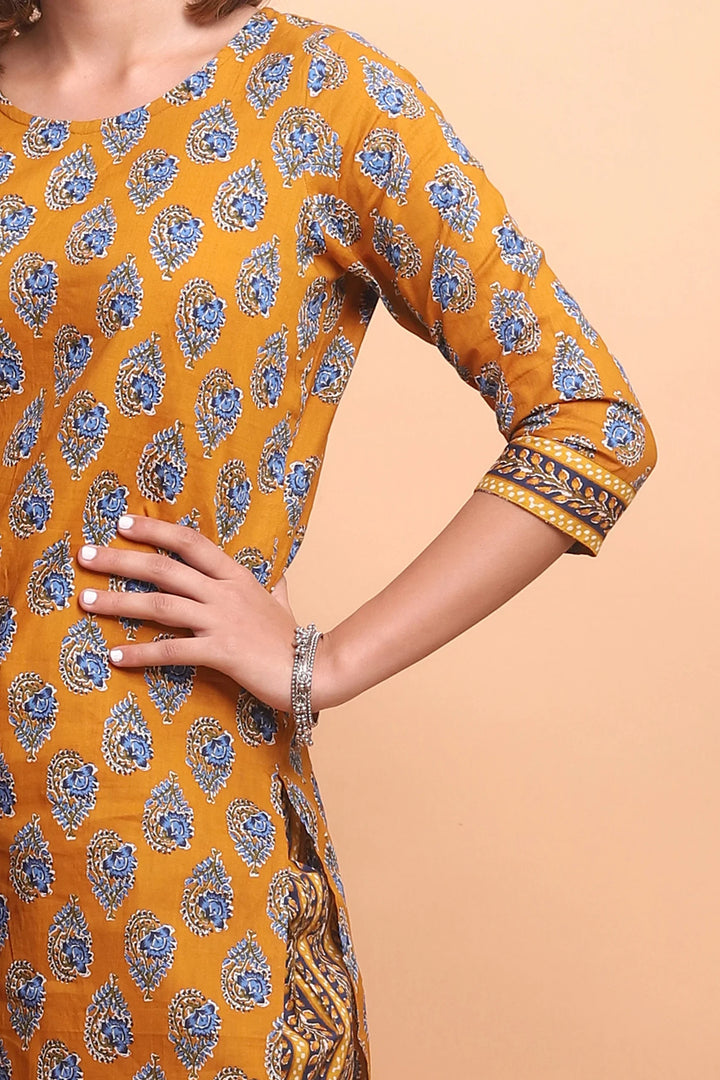 Mustard And Blue Printed Kurti Mom and Daughter Twin Set