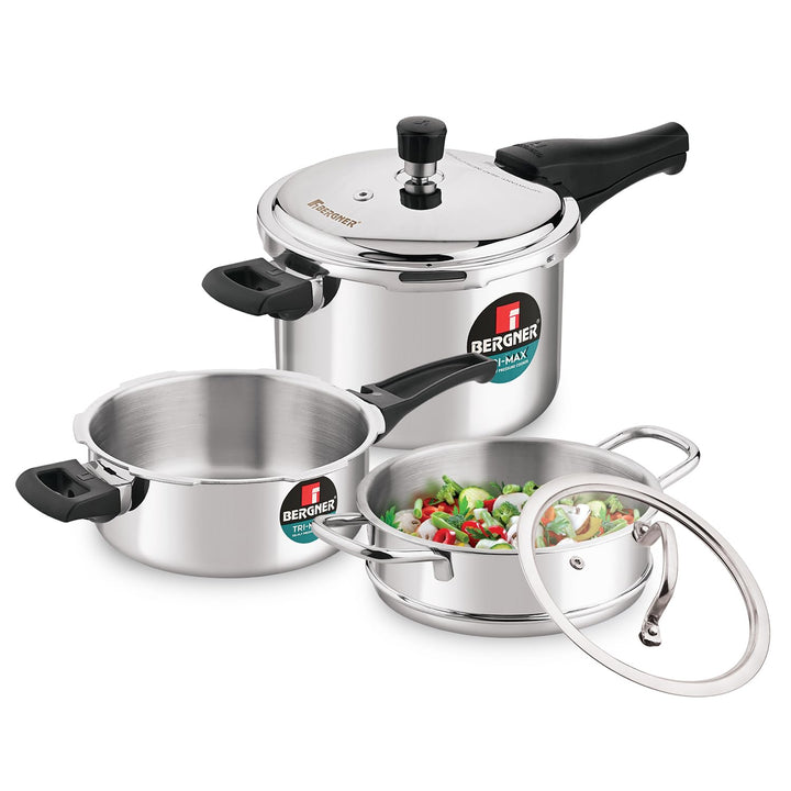 Bergner Tri-Max Triply Combo | 3L Pan, 5L Cooker, Steamer with Glass Lid