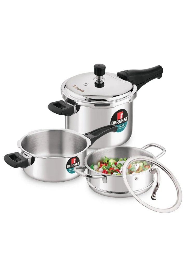 Bergner Tri-Max Triply Combo | 3L Pan, 5L Cooker, Steamer with Glass Lid
