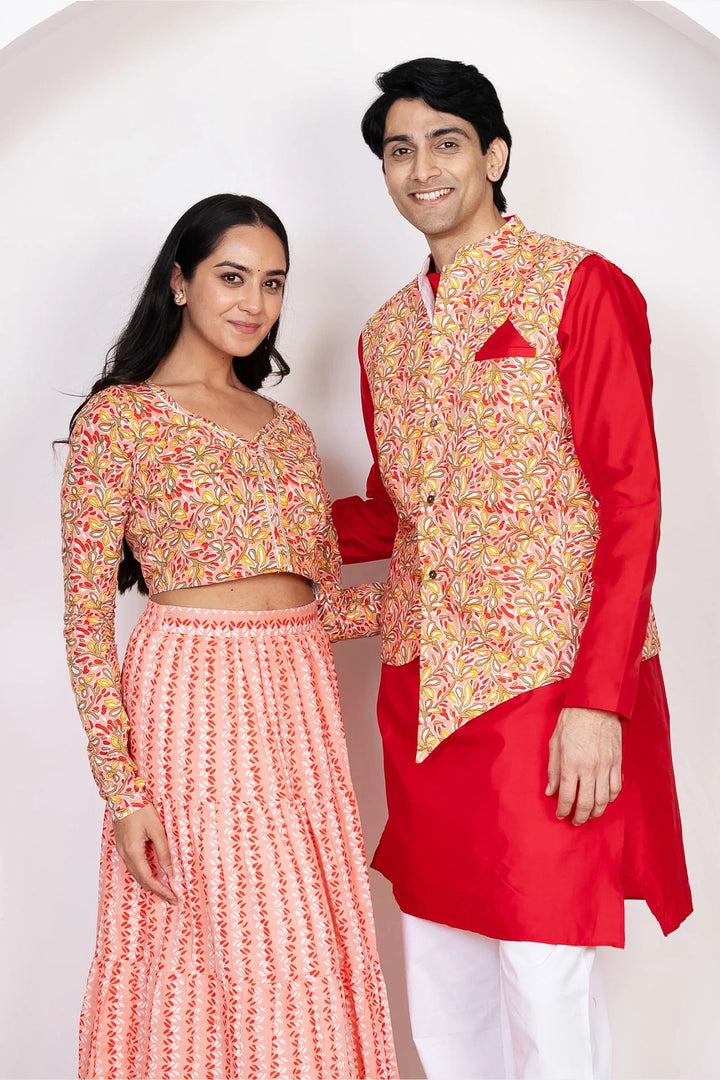 Red With Peach Floral Printed Lehenga Crop Top and Dupatta With Matching Kurta Pyjama Couple Twin Set