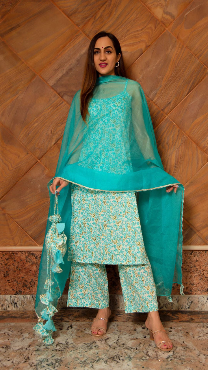 Magan Sky Blue Cotton Suit Set | Elegant & Fashionable Ethnic Wear