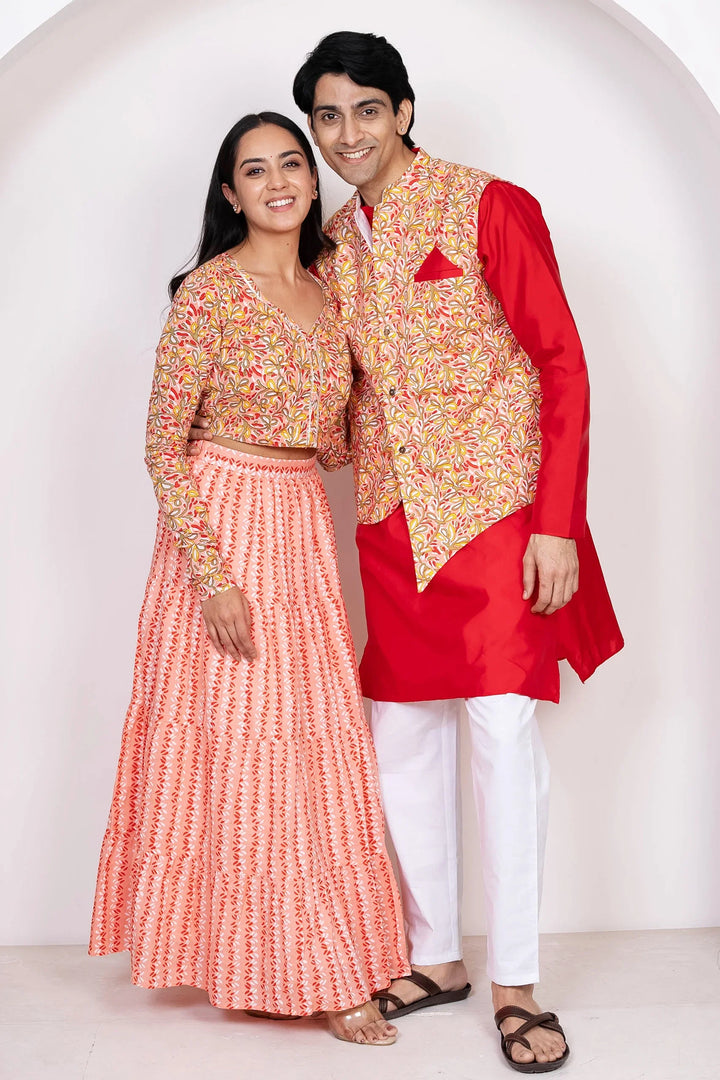 Red With Peach Floral Printed Lehenga Crop Top and Dupatta With Matching Kurta Pyjama Couple Twin Set