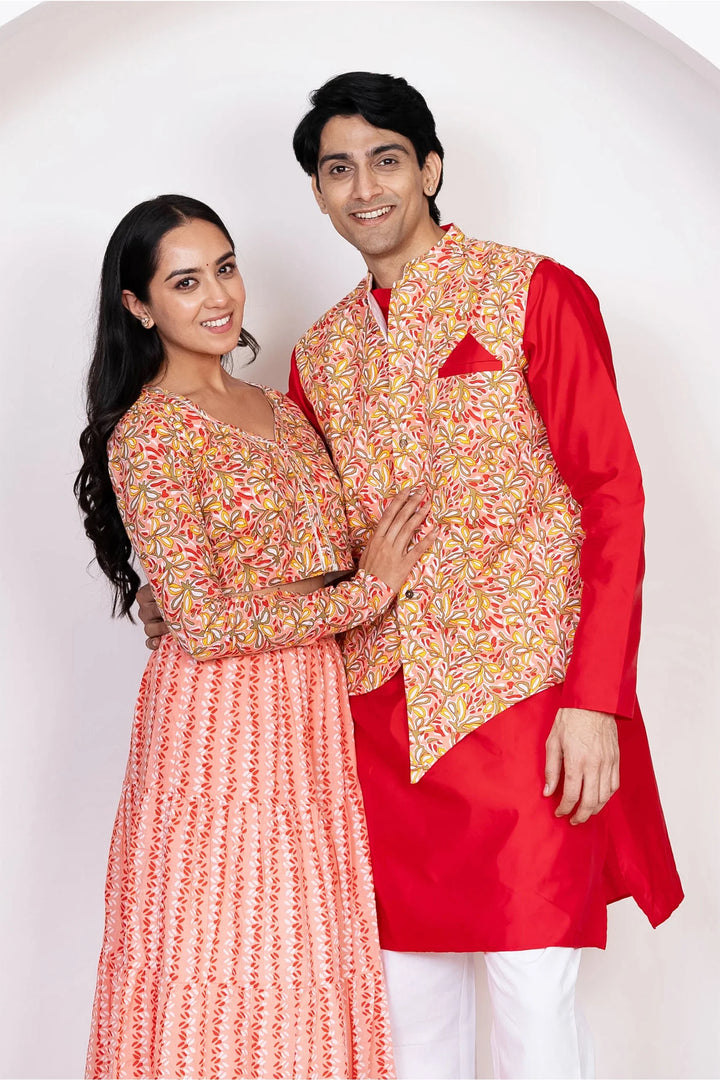 Red With Peach Floral Printed Lehenga Crop Top and Dupatta With Matching Kurta Pyjama Couple Twin Set