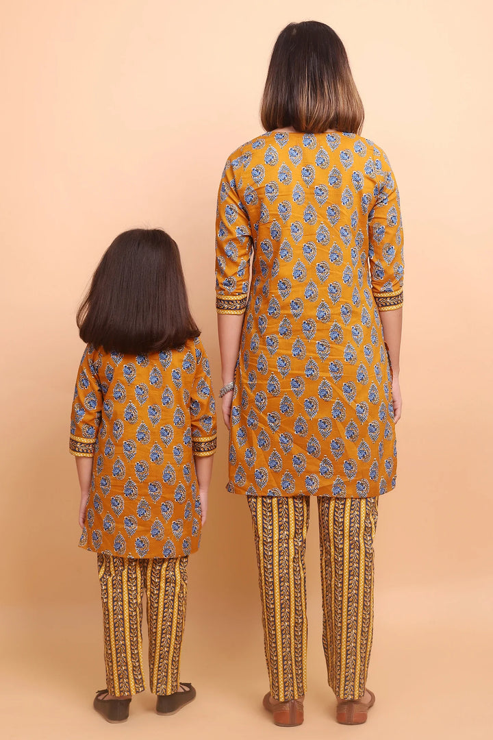 Mustard And Blue Printed Kurti Mom and Daughter Twin Set