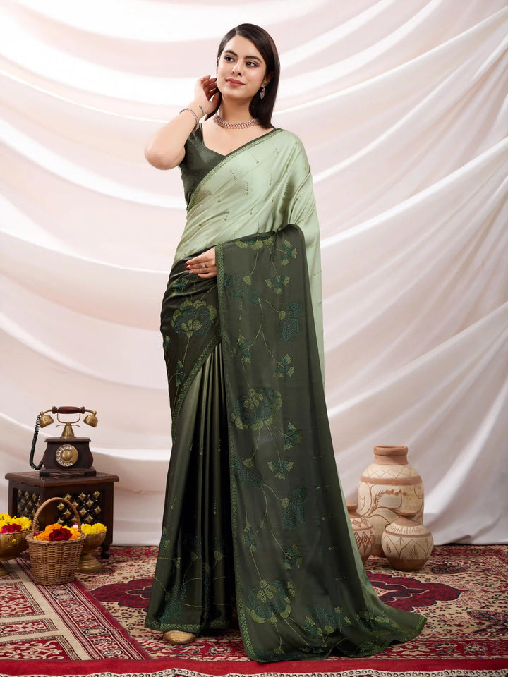 Saree for Mehendi Event: Japan Satin with Swarovski Work
