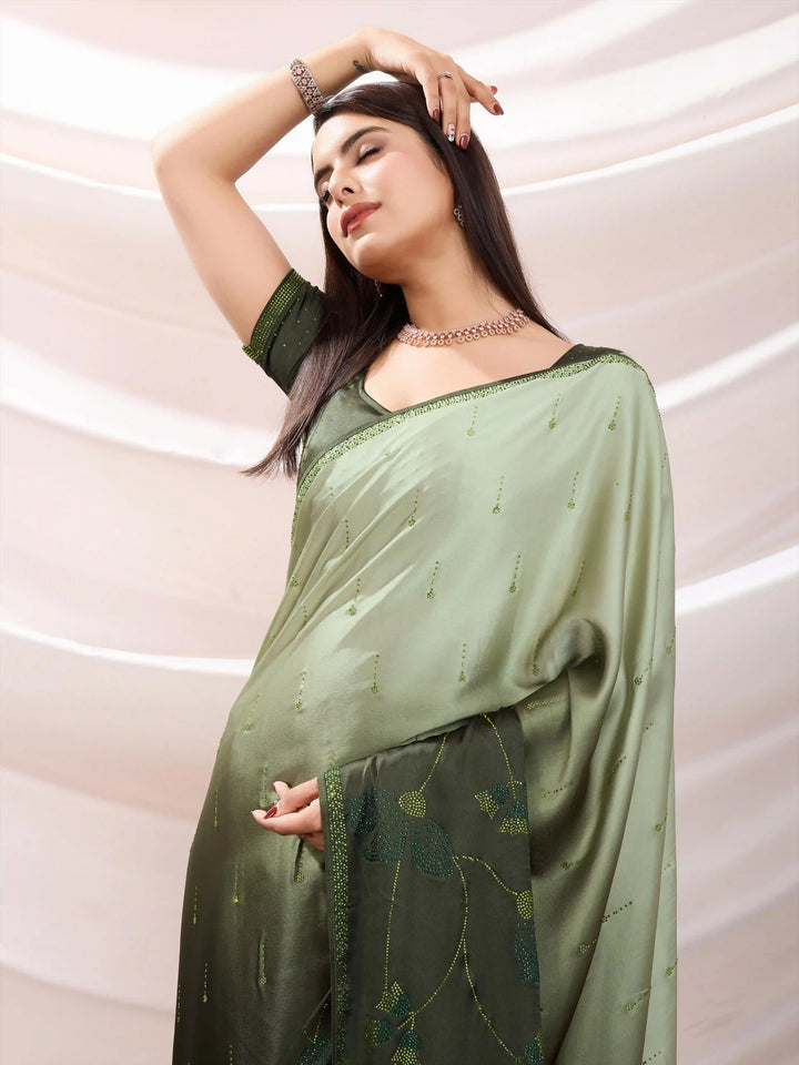 Saree for Mehendi Event: Japan Satin with Swarovski Work