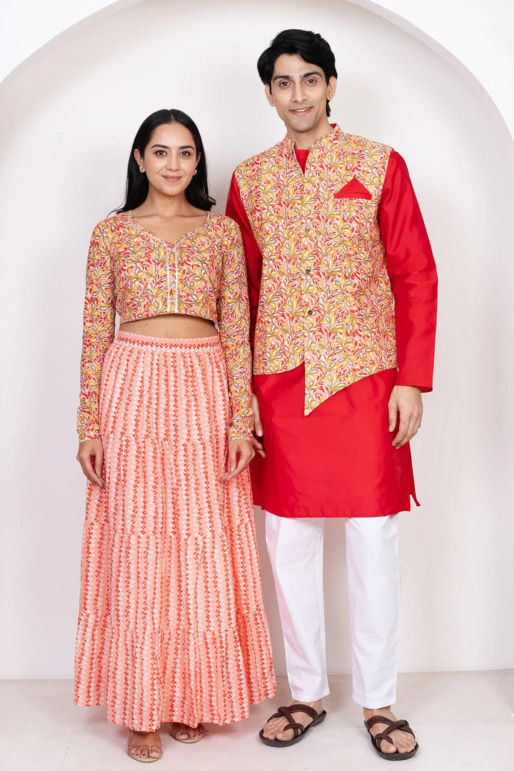 Red With Peach Floral Printed Lehenga Crop Top and Dupatta With Matching Kurta Pyjama Couple Twin Set
