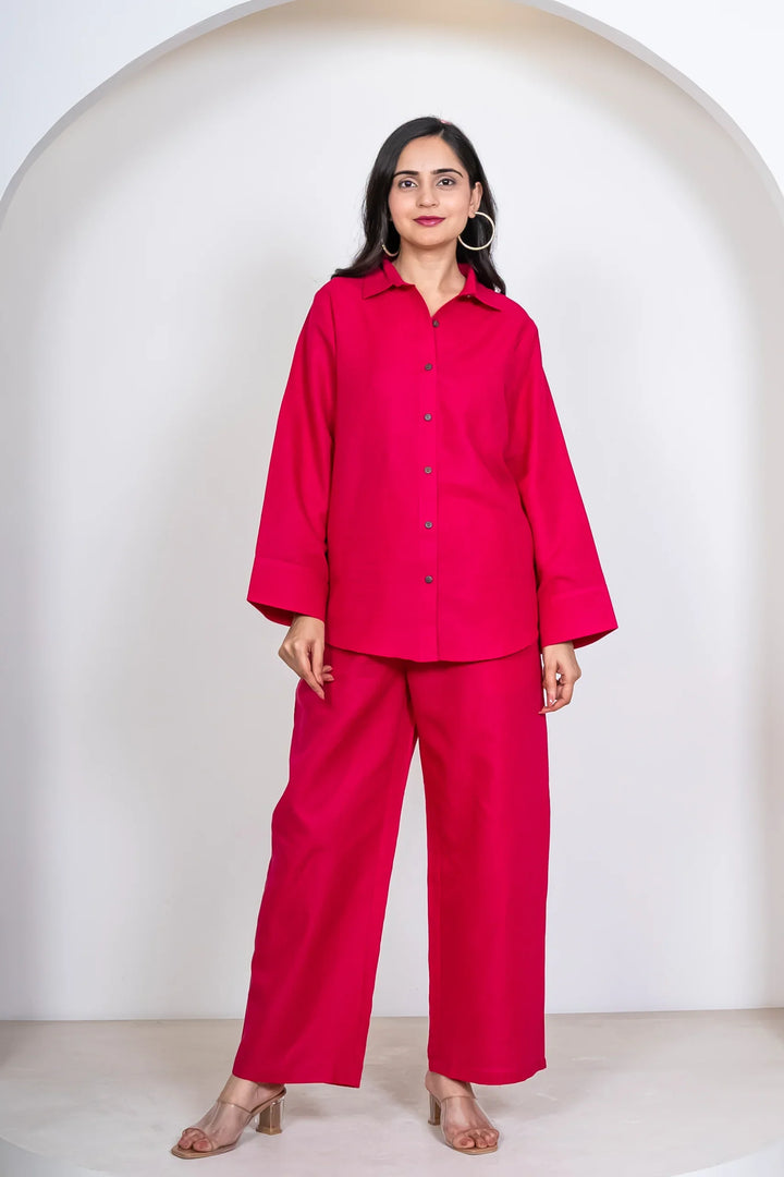 Fuchsia Pink Pant with Shirt Co ord Set for Women