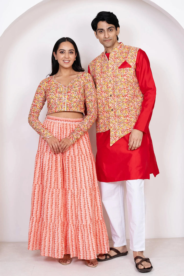 Red With Peach Floral Printed Lehenga Crop Top and Dupatta With Matching Kurta Pyjama