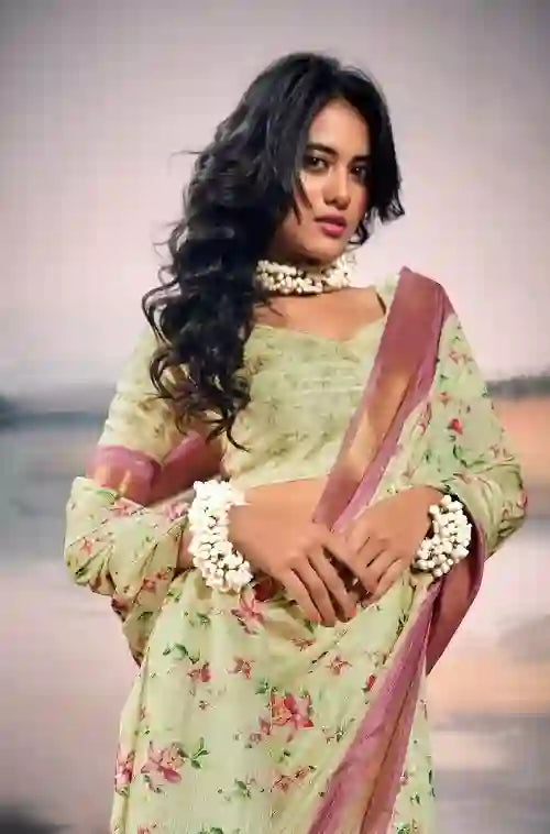 Beautiful Pista Green Cotton Silk Saree with Unique Zari & Digital Print