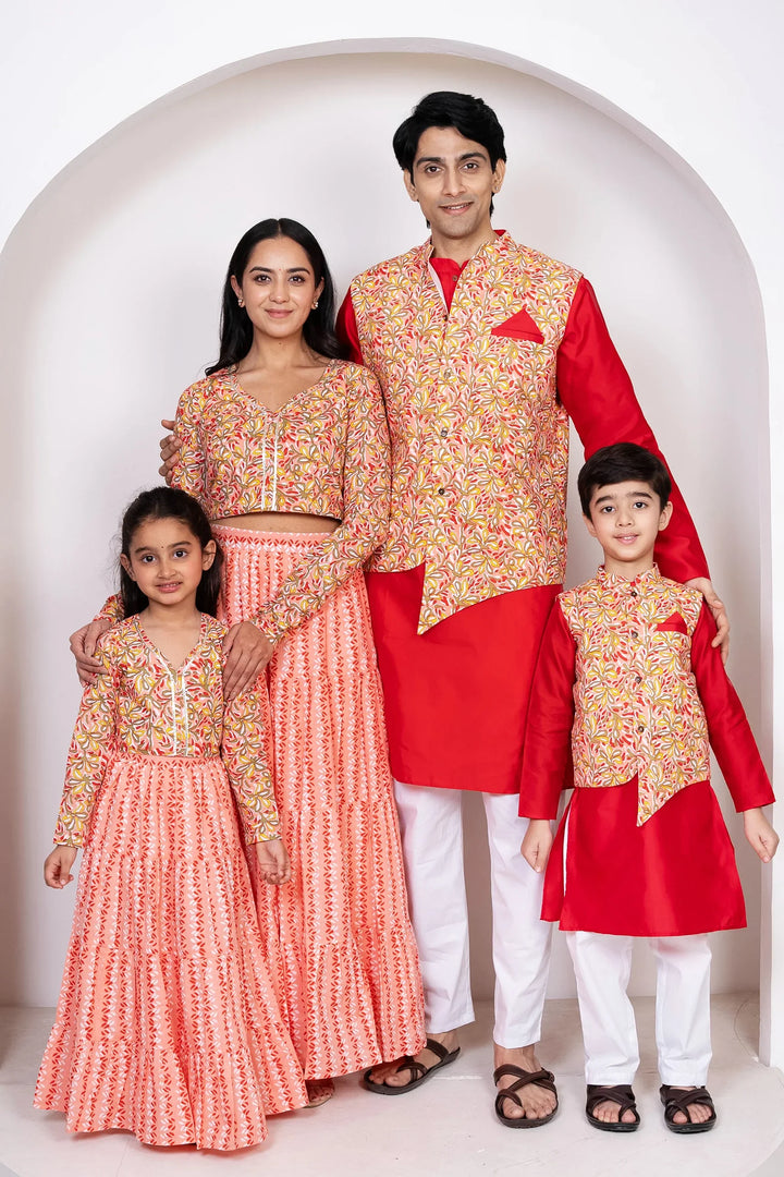 Red With Peach Floral Printed Lehenga Crop Top and Dupatta With Matching Kurta Pyjama