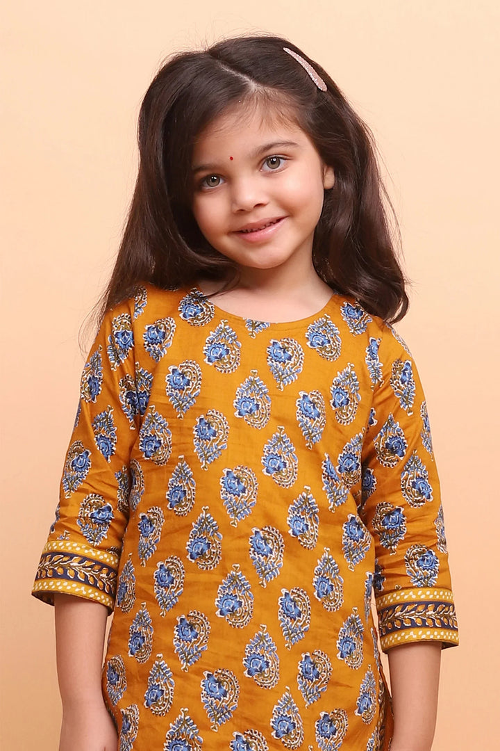 Mustard And Blue Printed Kurti Mom and Daughter Twin Set