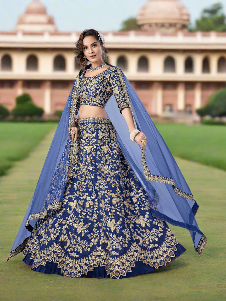 Blue Art Silk Partywear Lehenga | Wedding Lehenga Choli with Net Dupatta